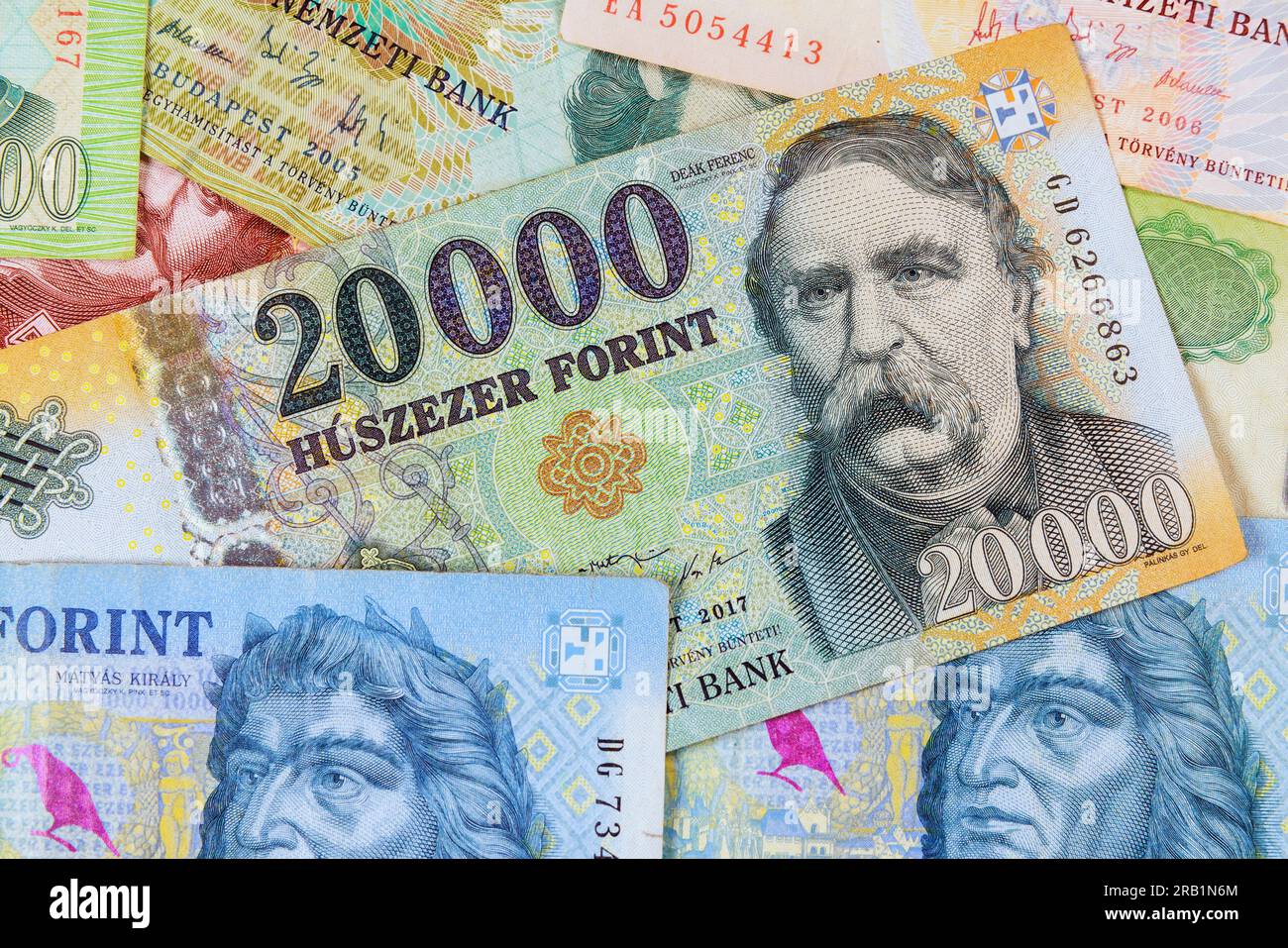 Assortment cash of Hungarian forints, providing detailed view of their different face values. Stock Photo