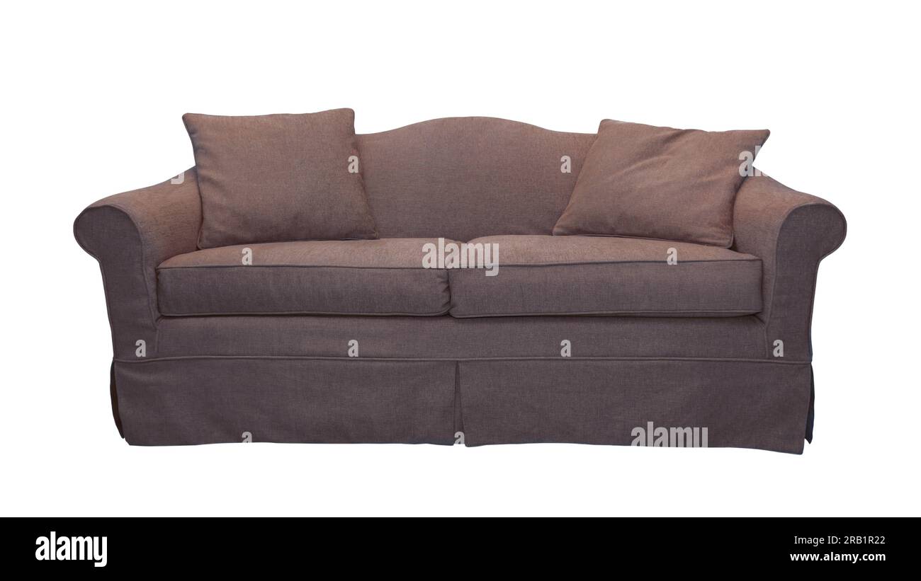 Brown sofa with two pillows isolated on white background. Classic