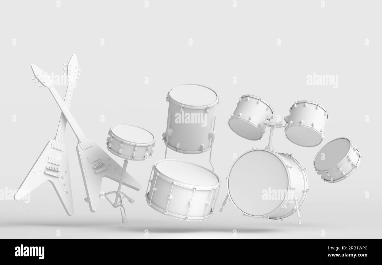 Set of electric acoustic guitars and drums with metal cymbals on