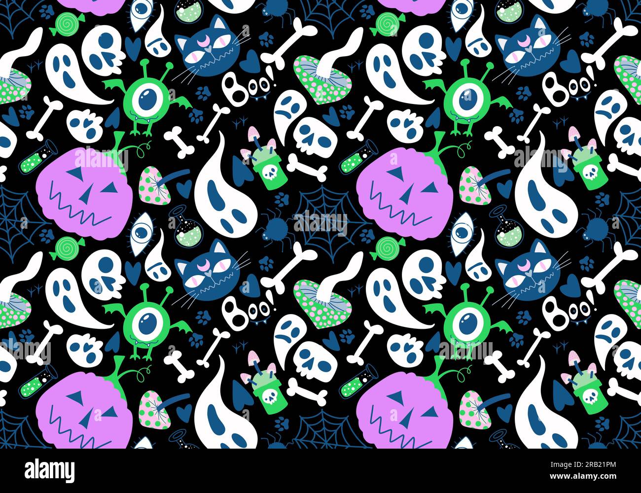 Halloween cartoon pumpkins and cat seamless bones and ghost and ...