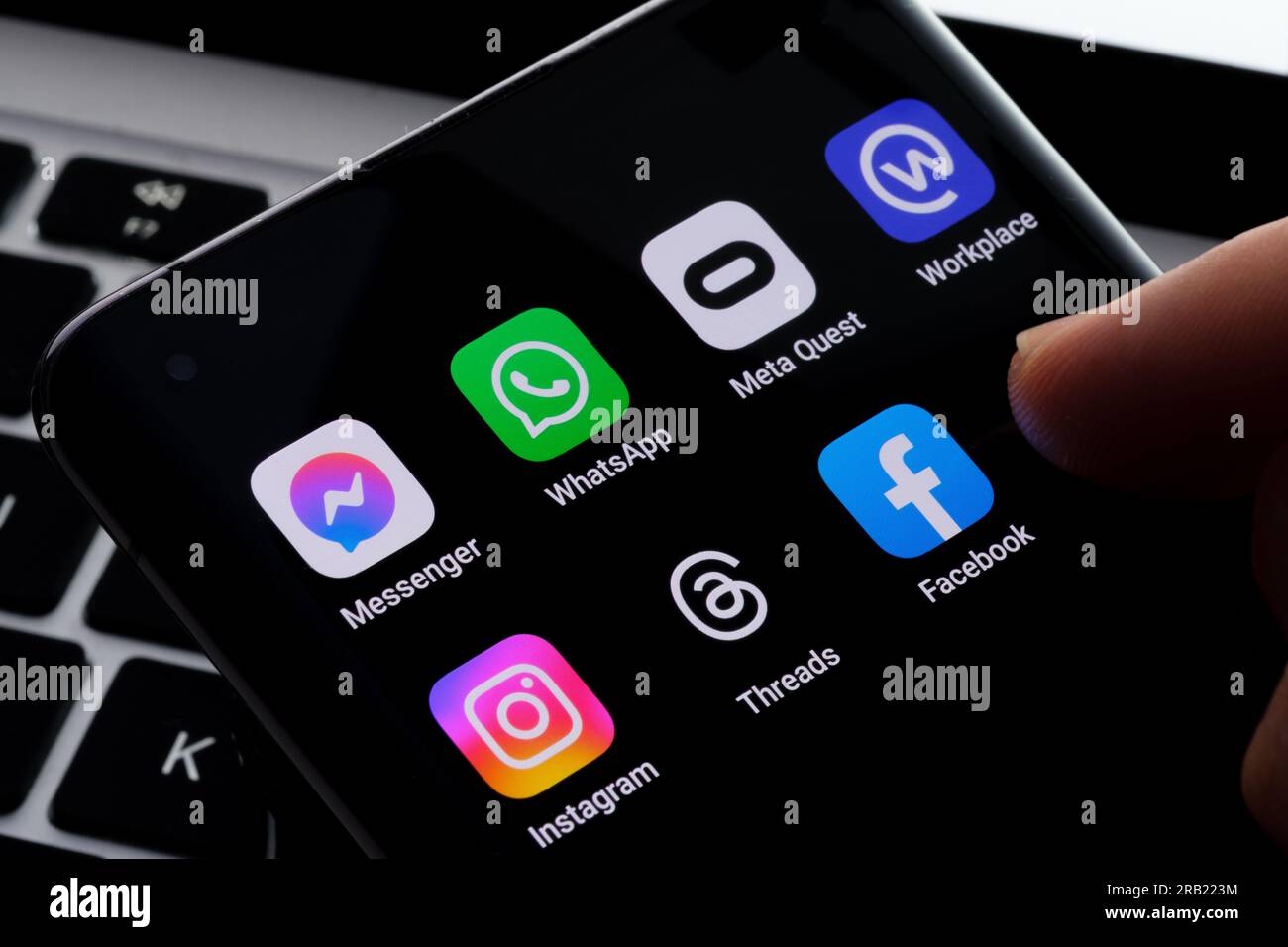 All Meta Platforms apps on the screen of smartphone Facebook, Instagram, WhatsApp, Messenger, Threads, Meta Quest, Workplace. Concept Stafford, United Stock Photo
