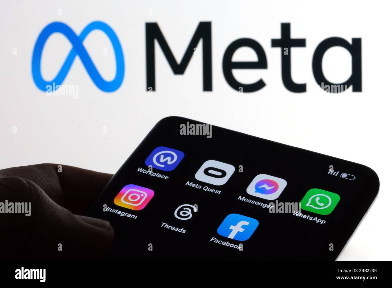All Meta Platforms apps on the screen of smartphone Facebook, Instagram, WhatsApp, Messenger, Threads, Meta Quest, Workplace. Concept Stafford, United Stock Photo