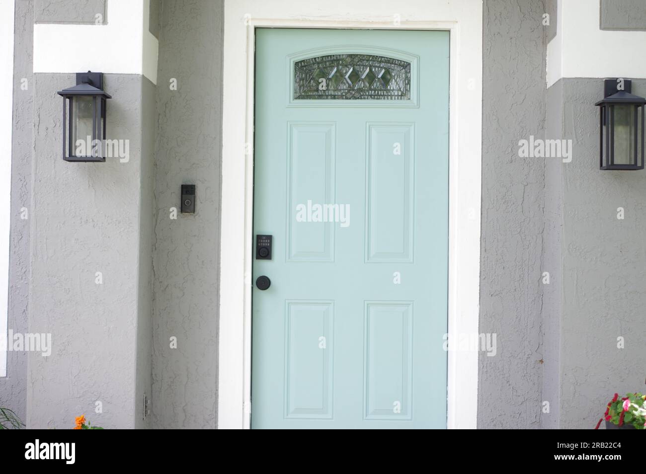 TEAL GREEN FRONT DOOR Stock Photo