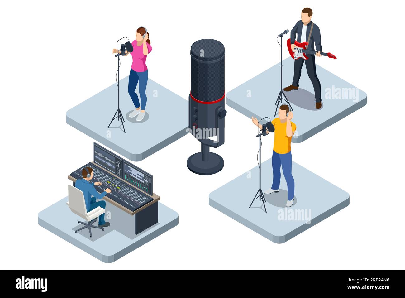 Isometric Music Recording Studio. Engineer working on recording studio