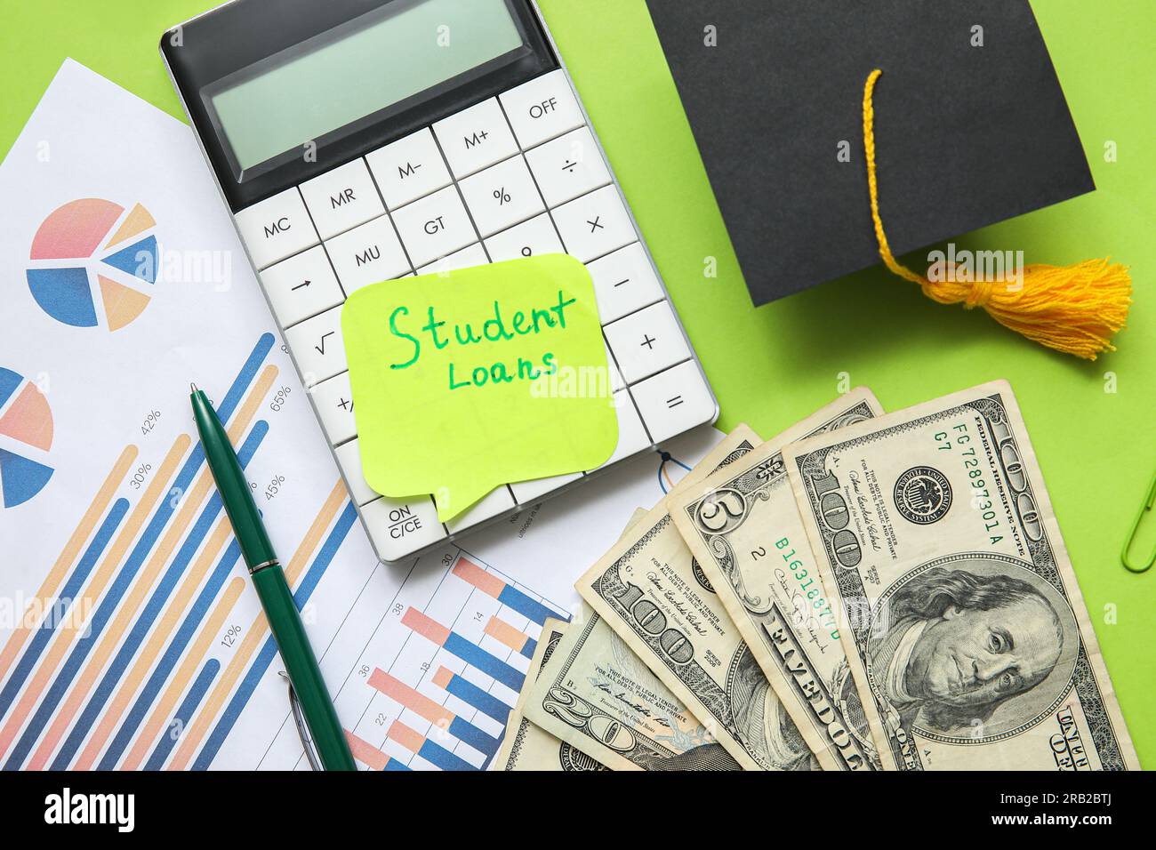 Sticky note with text STUDENT LOANS, graduation cap, calculator and ...