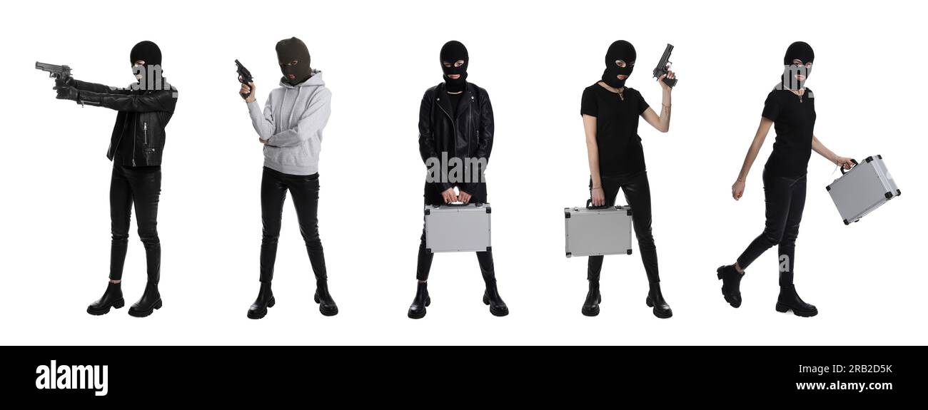 Collage with photos of woman in balaclavas on white background Stock