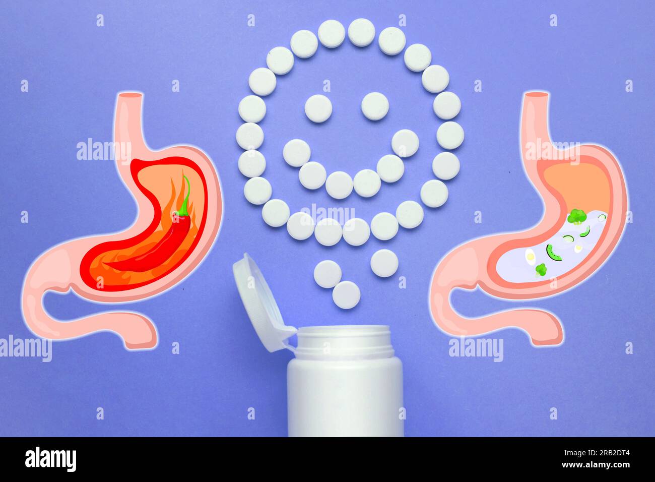 Antacid pills for heartburn, happy face made of medications symbolizing