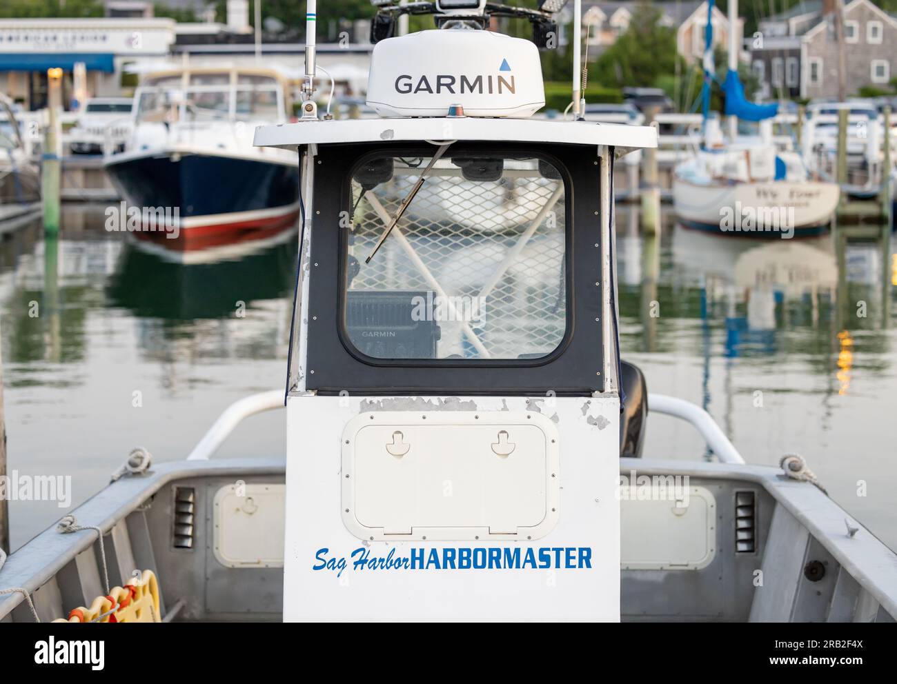 Detail image of the sag harbor harbormaster's boat Stock Photo