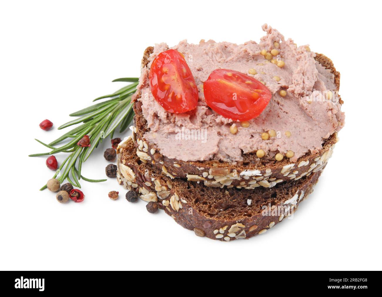 Delicious liverwurst sandwich and ingredients isolated on white Stock