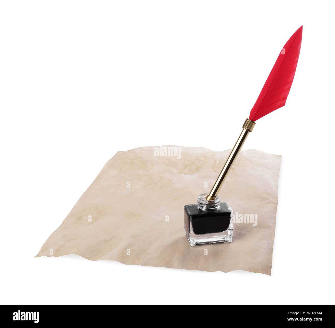 Feather pen, inkwell and paper on white background Stock Photo - Alamy