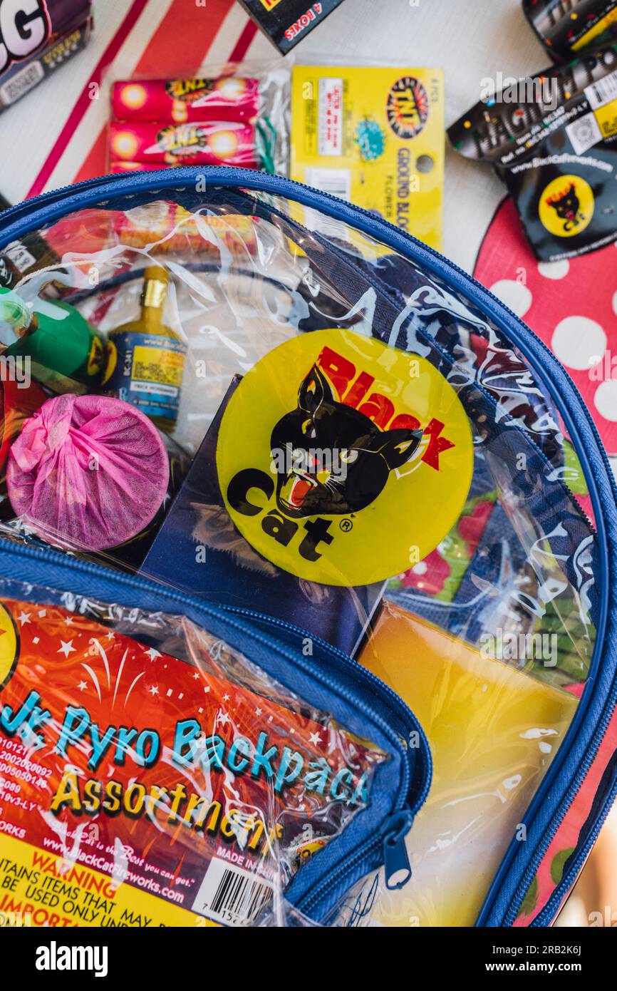 Black Cat Junior Pyro Backpack full of fireworks for kids Stock Photo Alamy