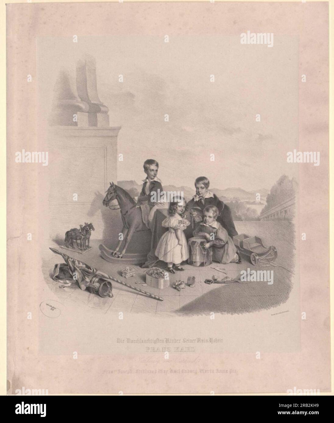 Portrait from childhood together with the siblings Ferdinand Max, Karl Ludwig and Maria Anna Pia 1835 by Josef Kriehuber Stock Photo