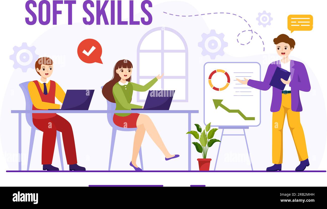 Soft Skills Vector Illustration of Office Workers Empathy, Communication, Idea Development, Skill and Education at Work in Flat Background Template Stock Vector
