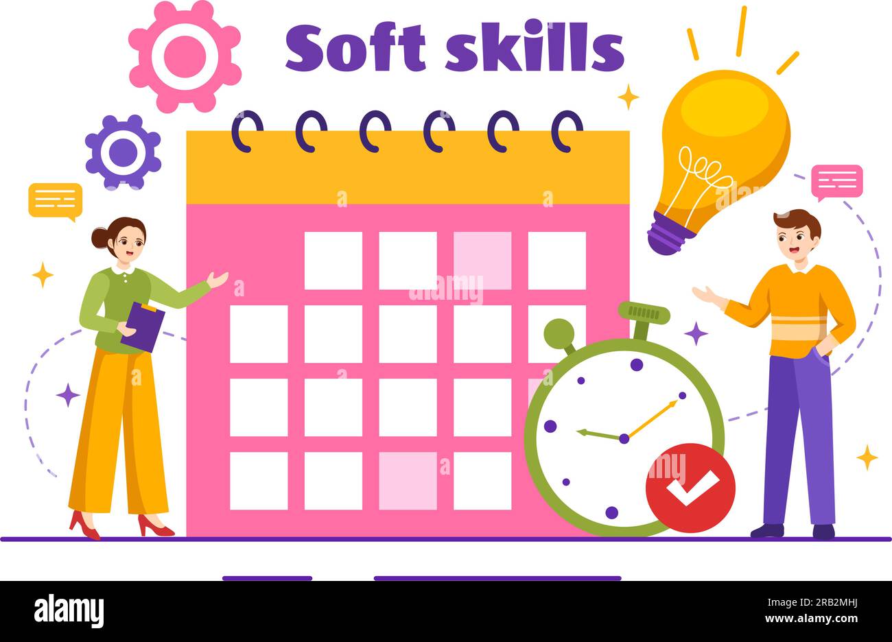 Soft Skills Vector Illustration of Office Workers Empathy, Communication, Idea Development, Skill and Education at Work in Flat Background Template Stock Vector