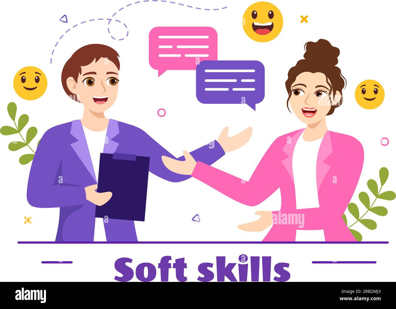 Soft Skills Vector Illustration of Office Workers Empathy, Communication, Idea Development, Skill and Education at Work in Flat Background Template Stock Vector