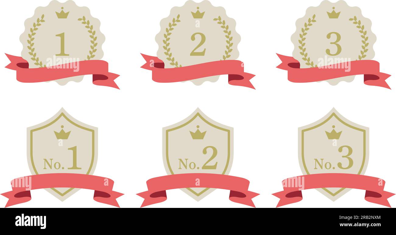 Red ribbon ranking material. A golden medal and shield. Illustration of an emblem with a ribbon on which the numbers No.1 to No.3 are written. Stock Vector