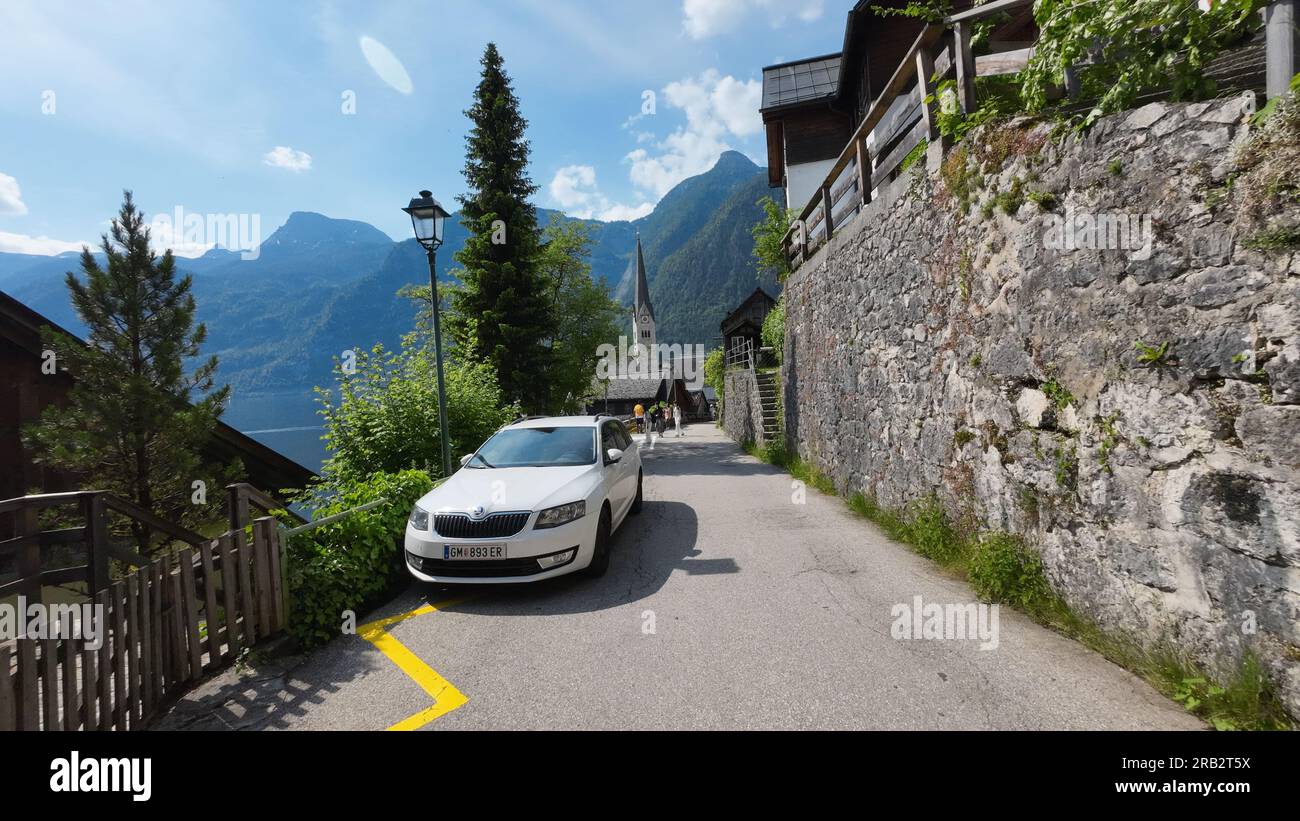 Car on the street in Hallstatt town, Austria Stock Photo Alamy