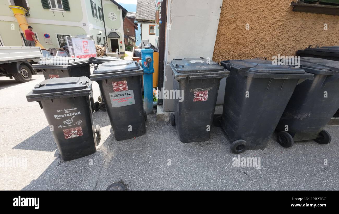 The trash cans in Hallstatt town, Austria Stock Photo Alamy