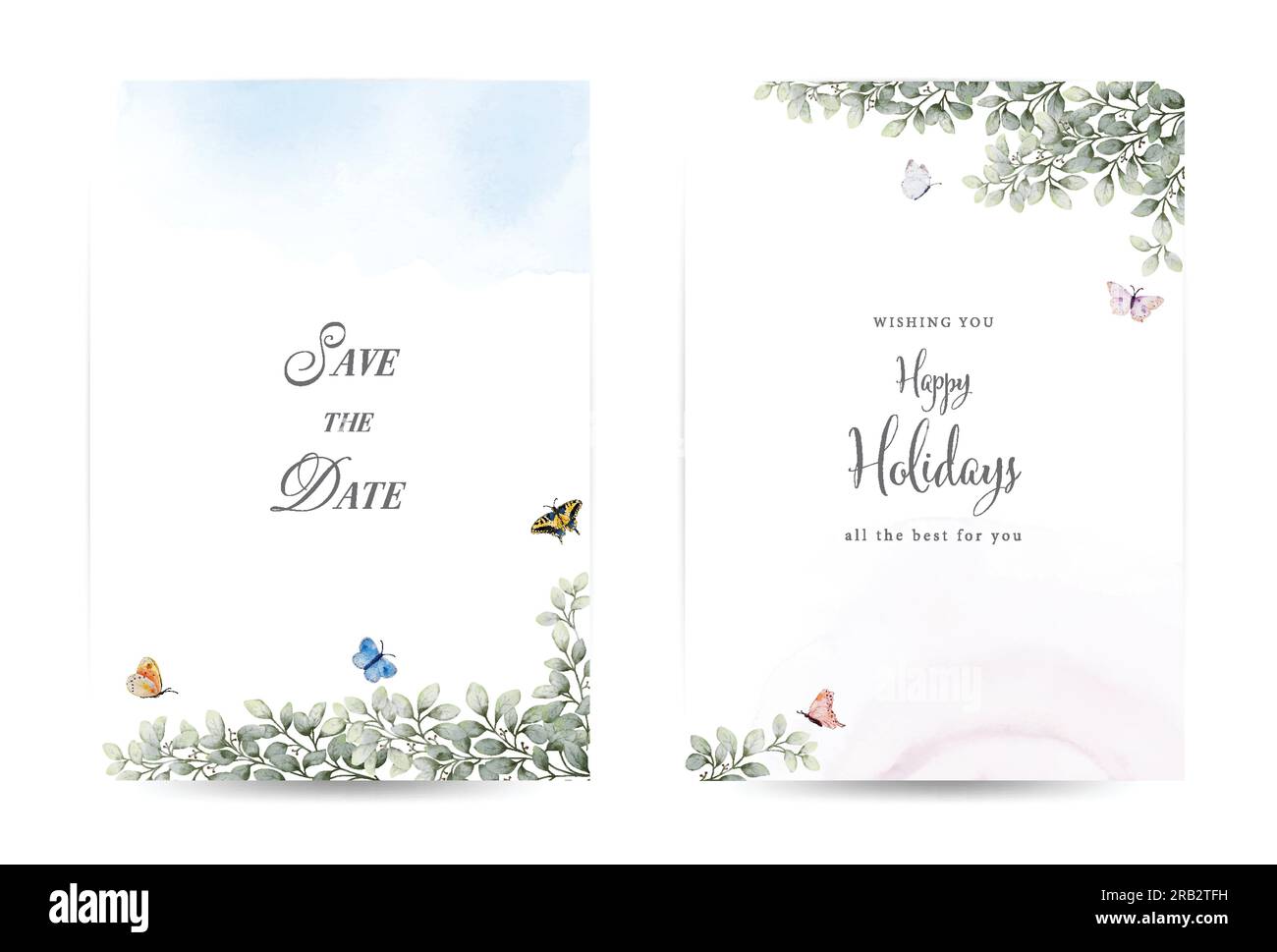 Abstract art watercolor painting foliage and butterflies for invitation template cards set. Natural collection watercolor vector is suitable for Weddi Stock Vector