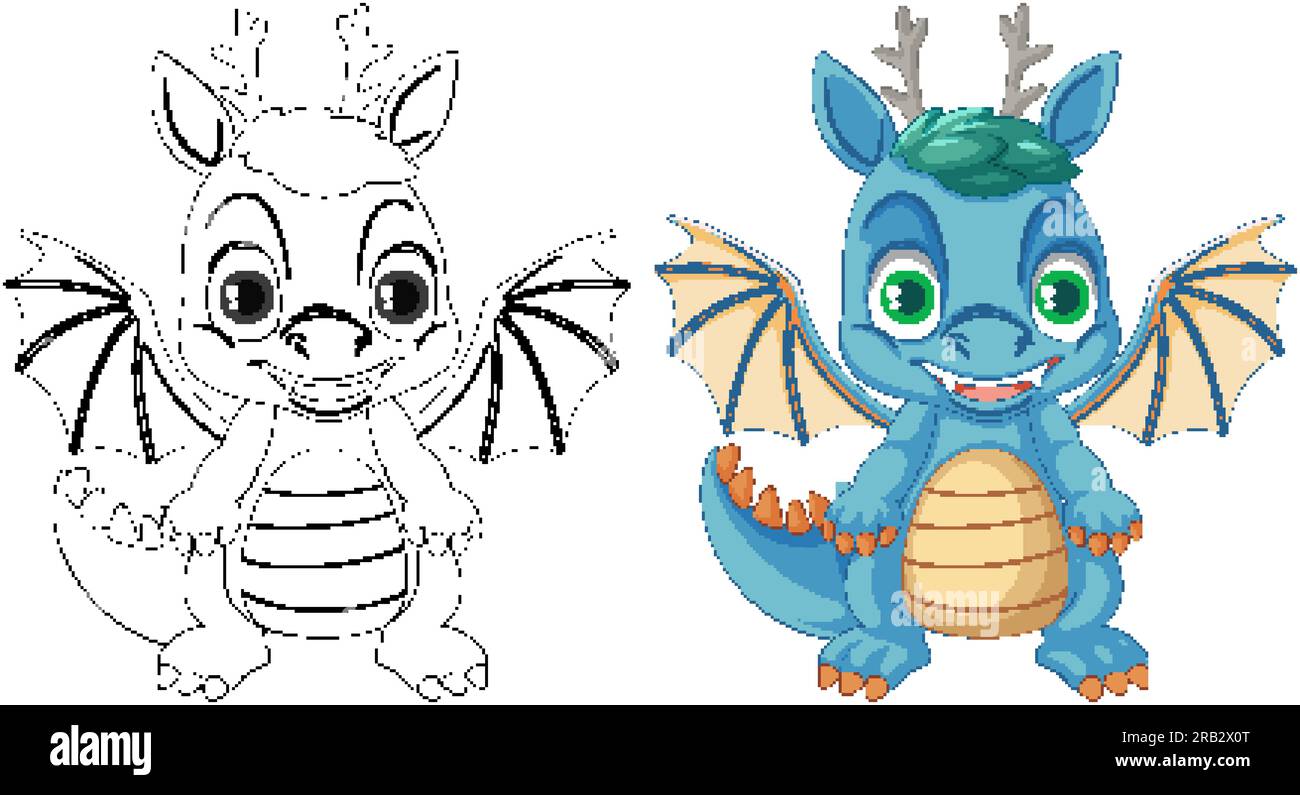 Dragon cartoon and its doodle coloring character illustration Stock