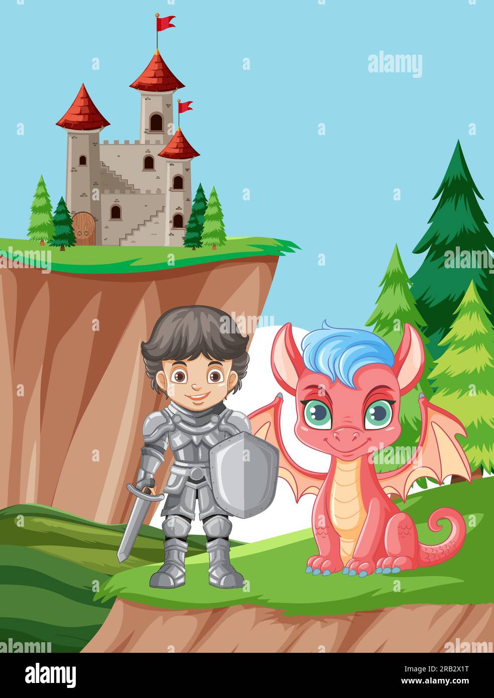 Cute Dragon With Knight And Castle Illustration Stock Vector Image 