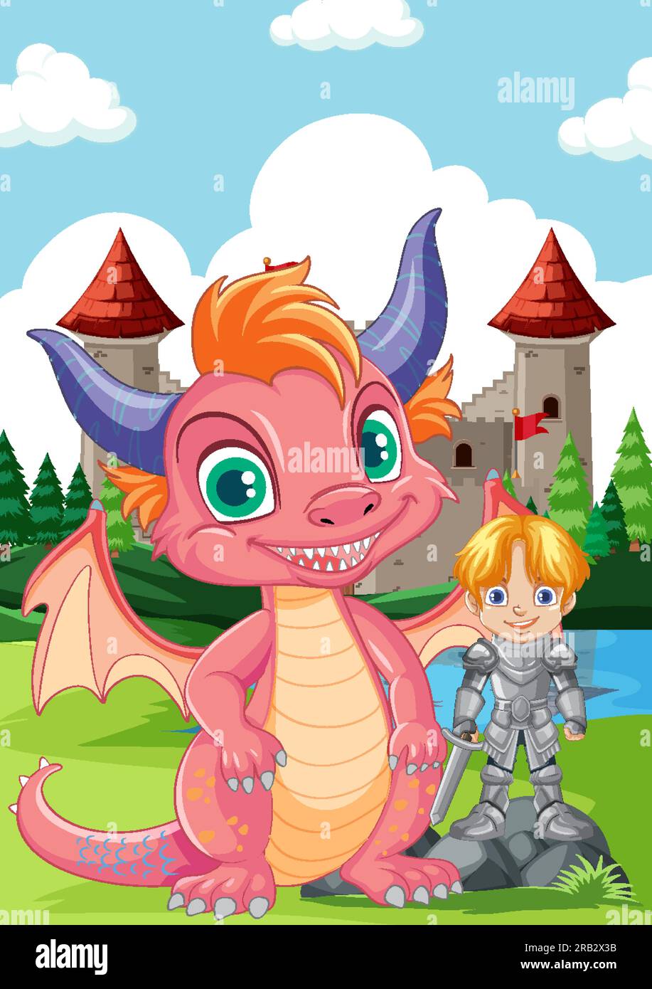 Cute Dragon with Knight Standing in Front of Castle illustration Stock ...