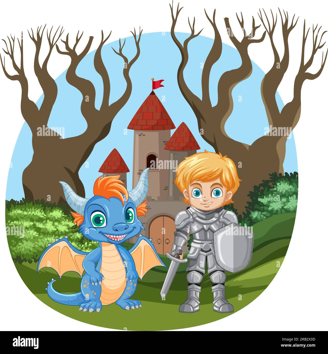 Cute Dragon with Knight Standing in Front of Castle illustration Stock ...
