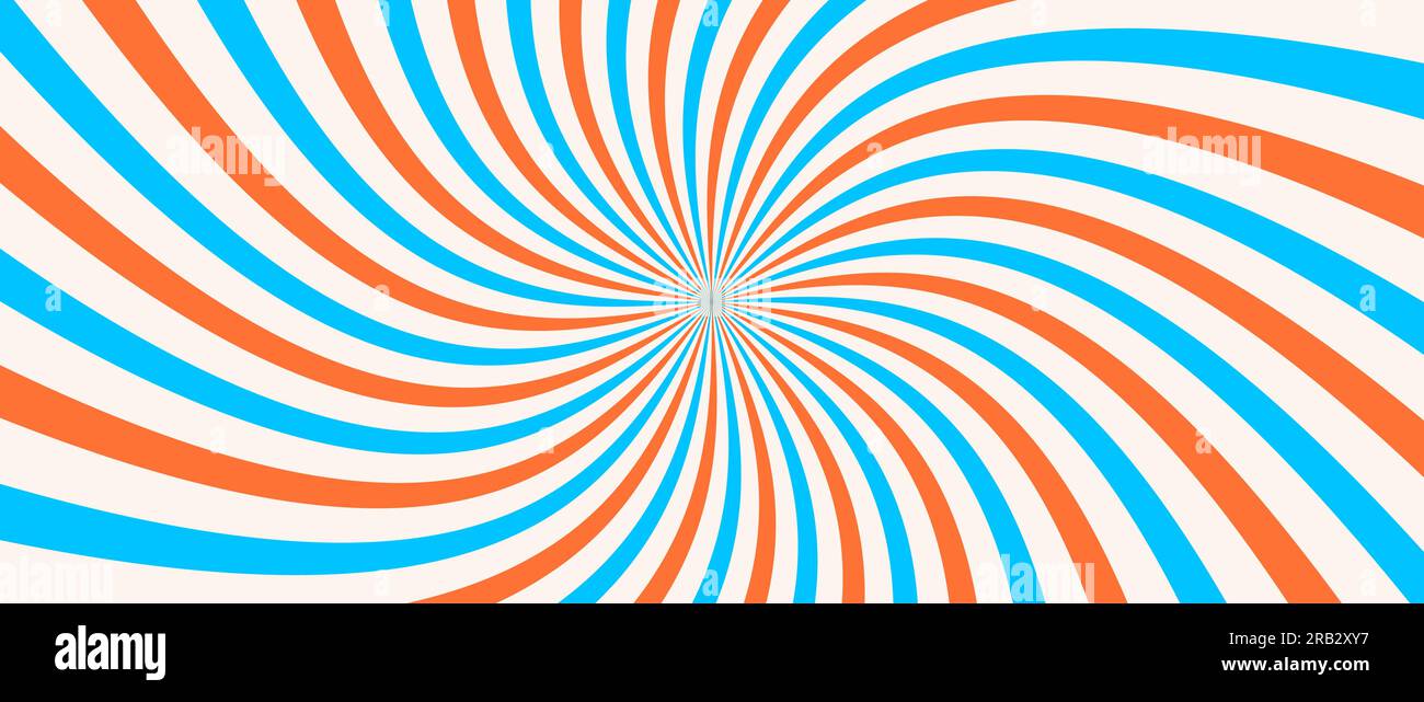 Spinning radial lines background. Orange blue curved sunburst wallpaper
