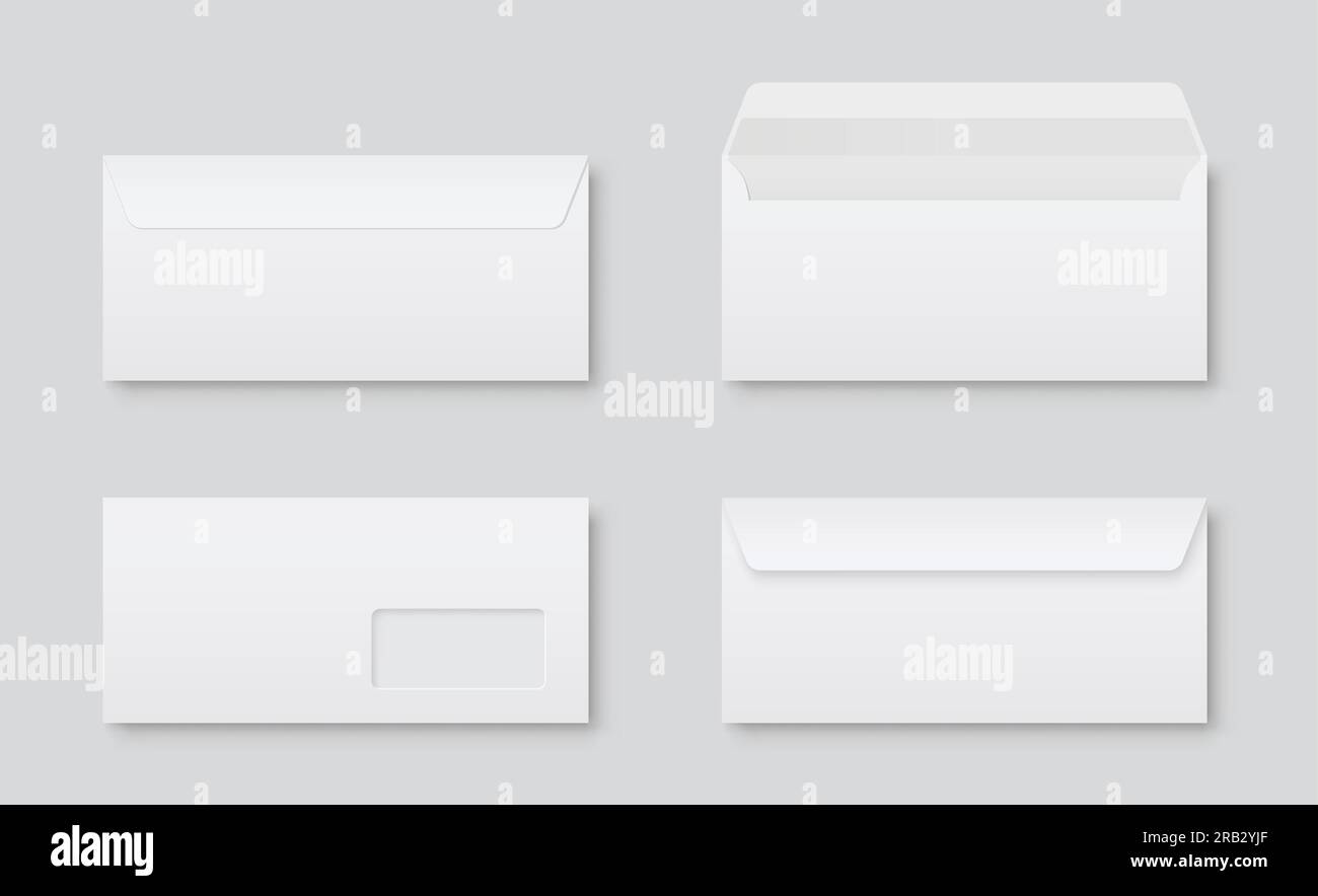 Realistic blank white letter paper DL envelope front view. Vector blank