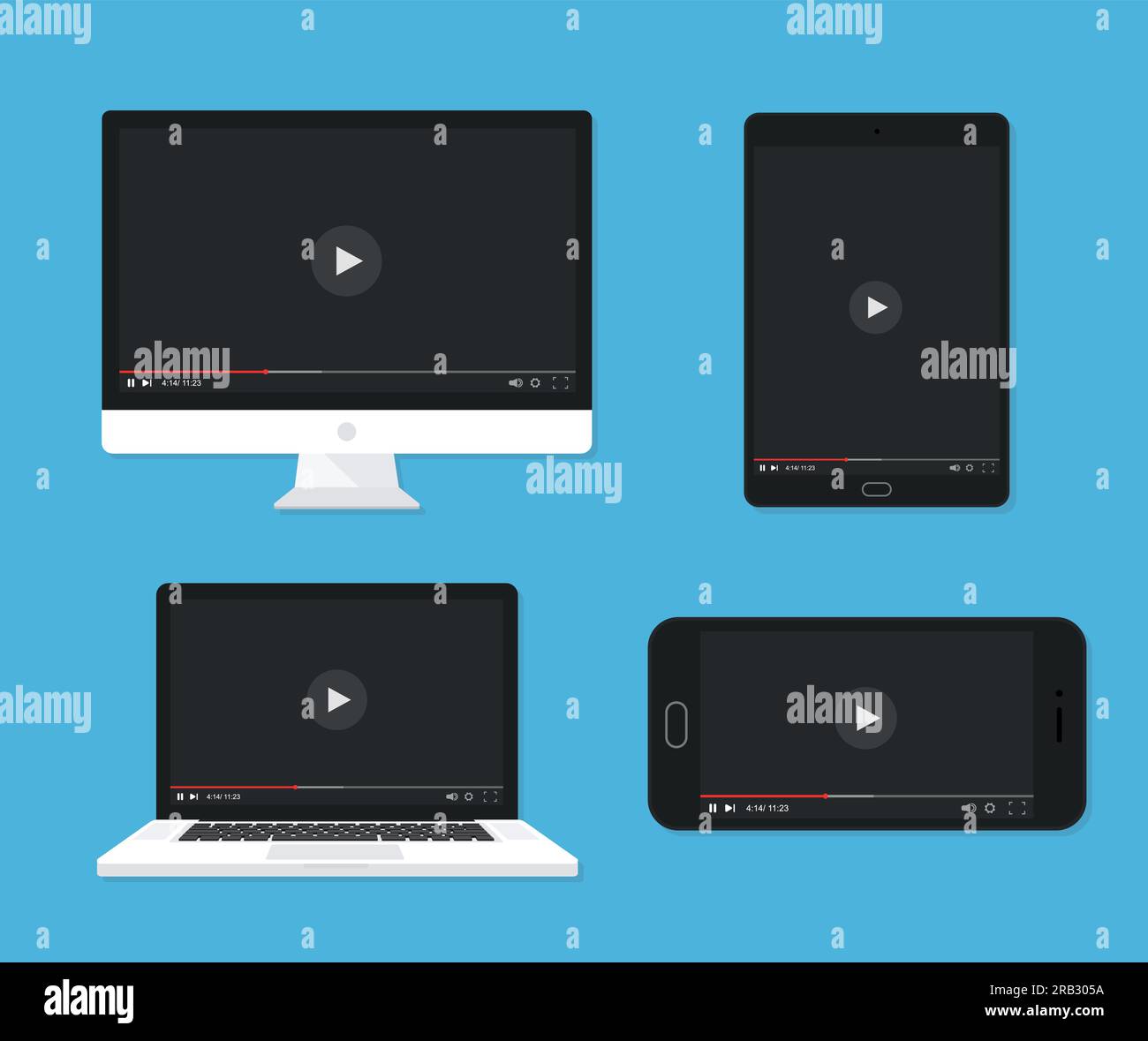 Set of monitor, laptop, tablet, smartphone video player template