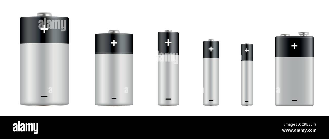 Alkaline batteries realistic set. Types of batteries. Size D, C, AA, AAA, AAAA, PP3. Alkaline