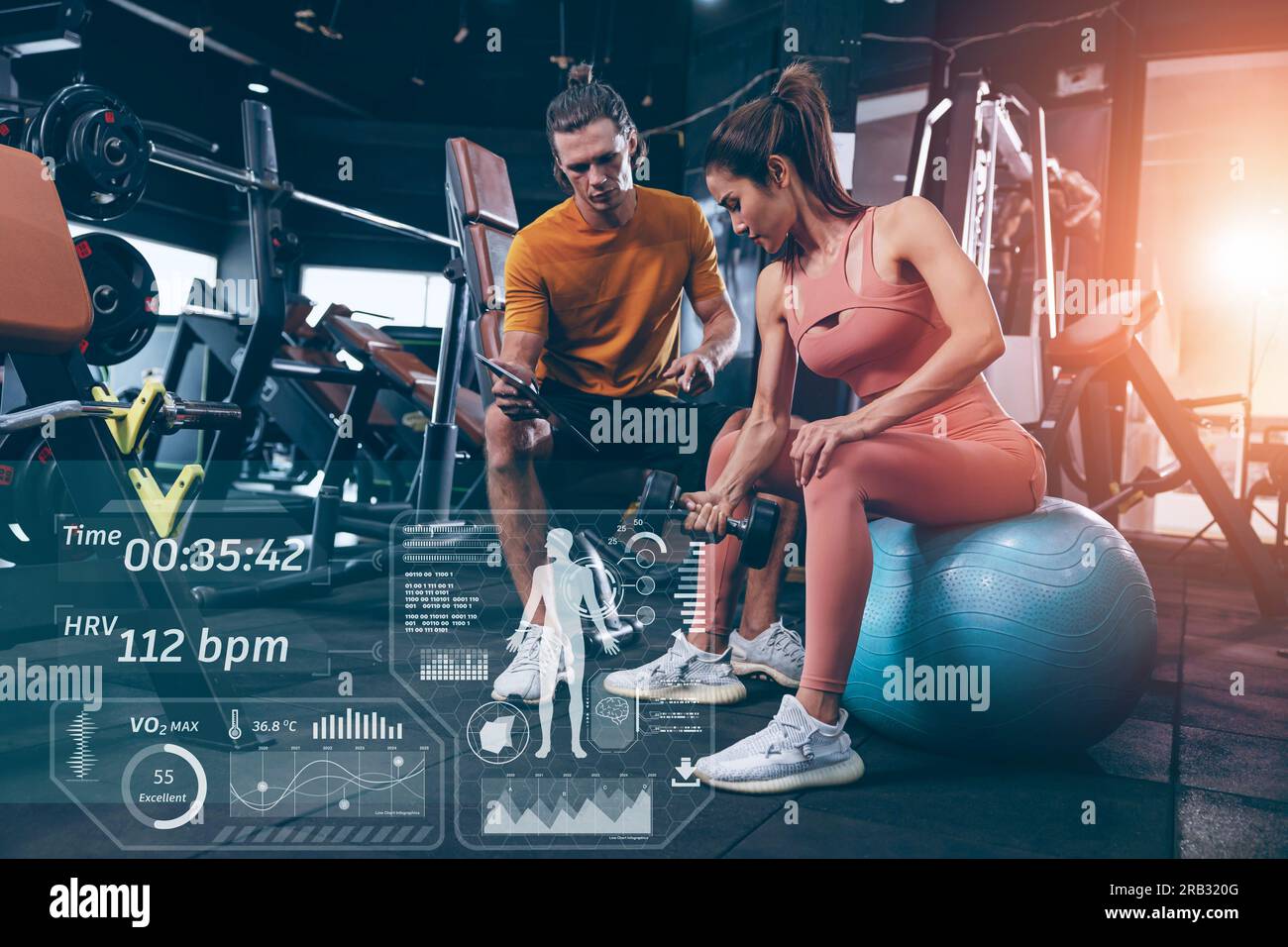 Modern technology in sport science concept. muscle strength training people in sport club overlay data chart body analysis diagram interface Stock Photo