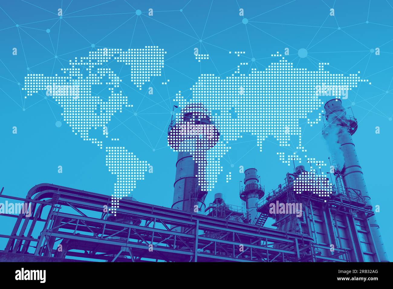 Power plant petroleum gas oil chemical factory overlay world map for worldwide business industry logistics concept. Stock Photo