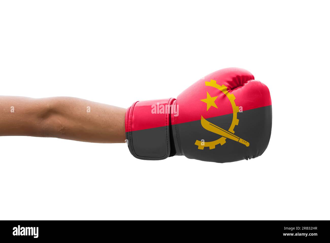 3D Flag of Angola on a boxing gloves. Stock Photo