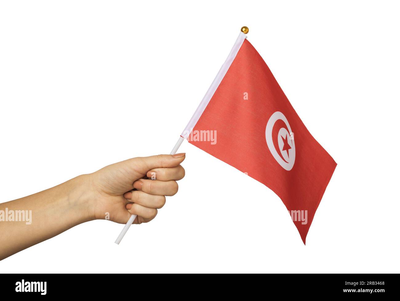 Female hand holding Tunisia flag isolated on white background, template for designers Stock Photo