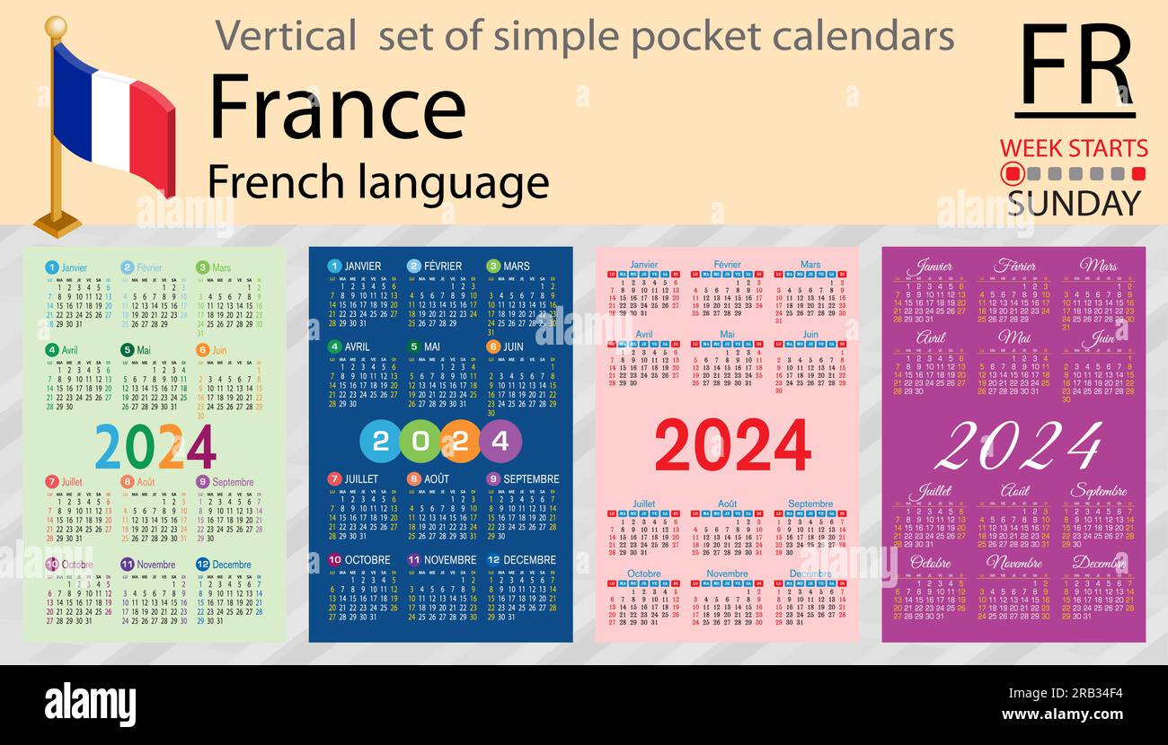 French vertical set of pocket calendar for 2024 (two thousand twenty