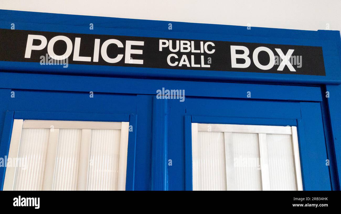 Bordeaux , France - 07 01 2023 : Police public call box text sign like tv movies Tardis from Doctor Who Stock Photo