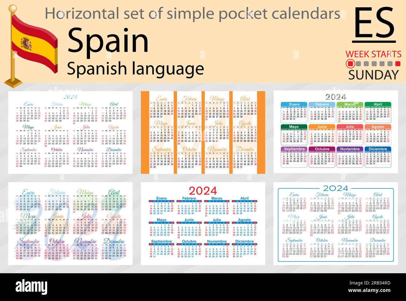 Spanish Horizontal Set Of Pocket Calendar For 2024 Two Thousand Twenty   Spanish Horizontal Set Of Pocket Calendar For 2024 Two Thousand Twenty Four Week Starts Sunday New Year Color Simple Design Vector 2RB34RD 