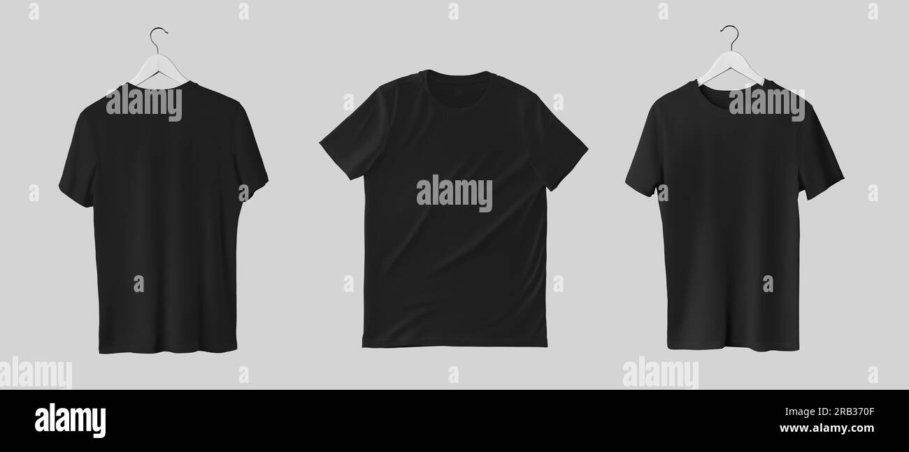 Mockup of a male black t-shirt on a hanger, front, back view, clothing presentation for commerce, advertising. Set of empty fashionable shirts for des Stock Photo