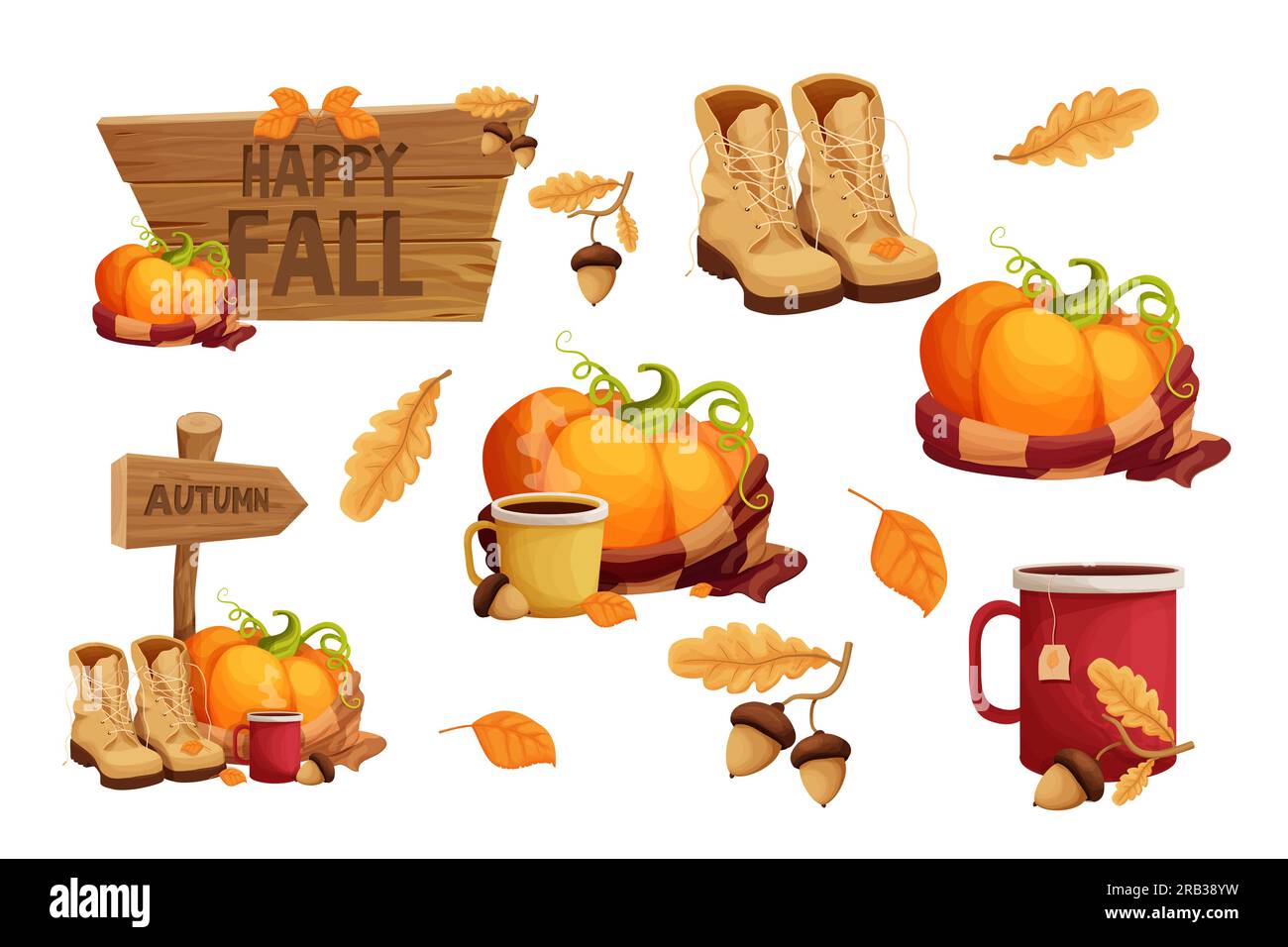 Set autumn stickers with pumpkin warm scarf, cup with hot beverage ...