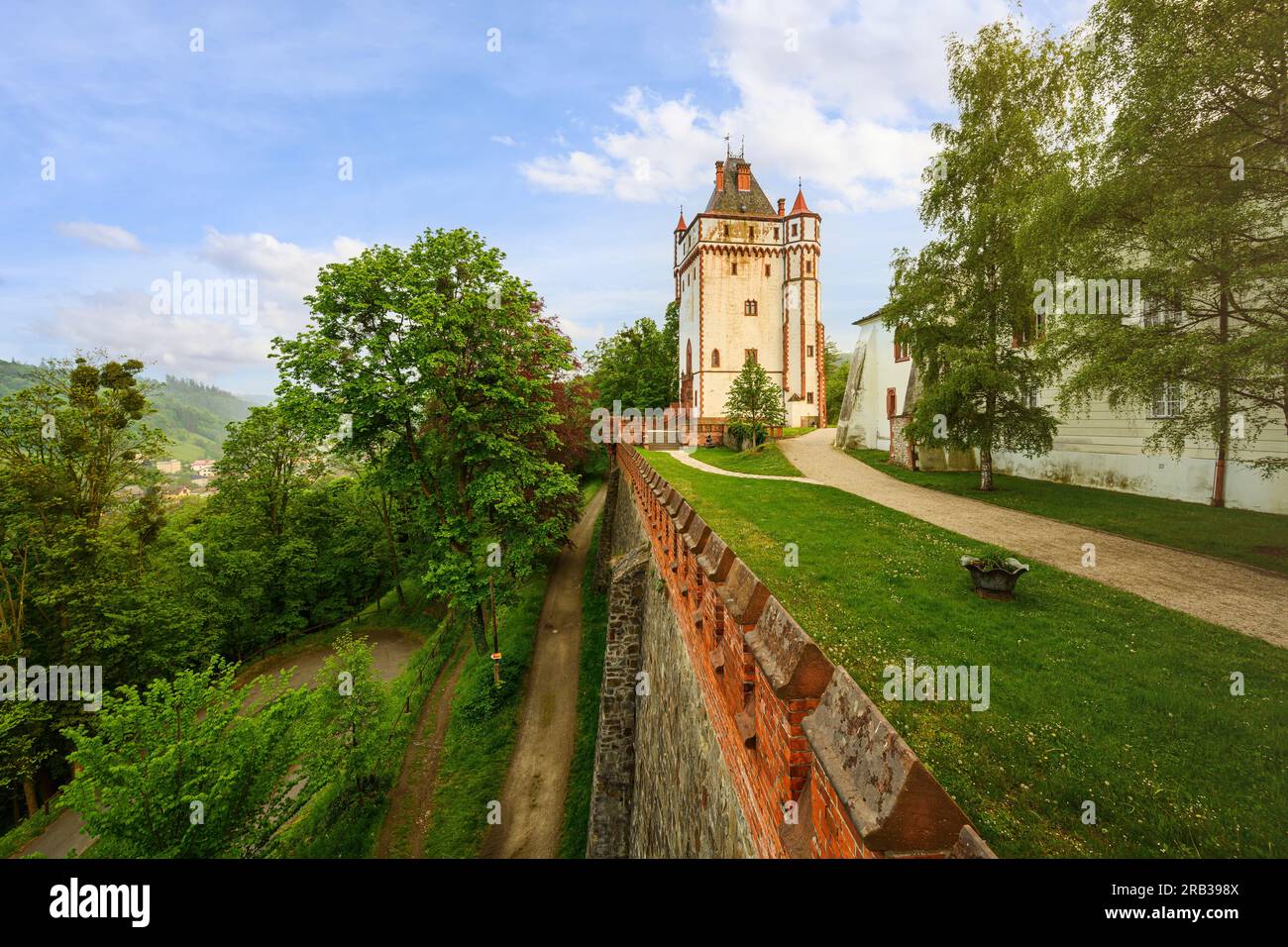 White Tower at Hradec nad Moravici Chateau Complex, parks and gardens near Opava, Czech Republic - one of most beautiful chateaus in area and popular Stock Photo