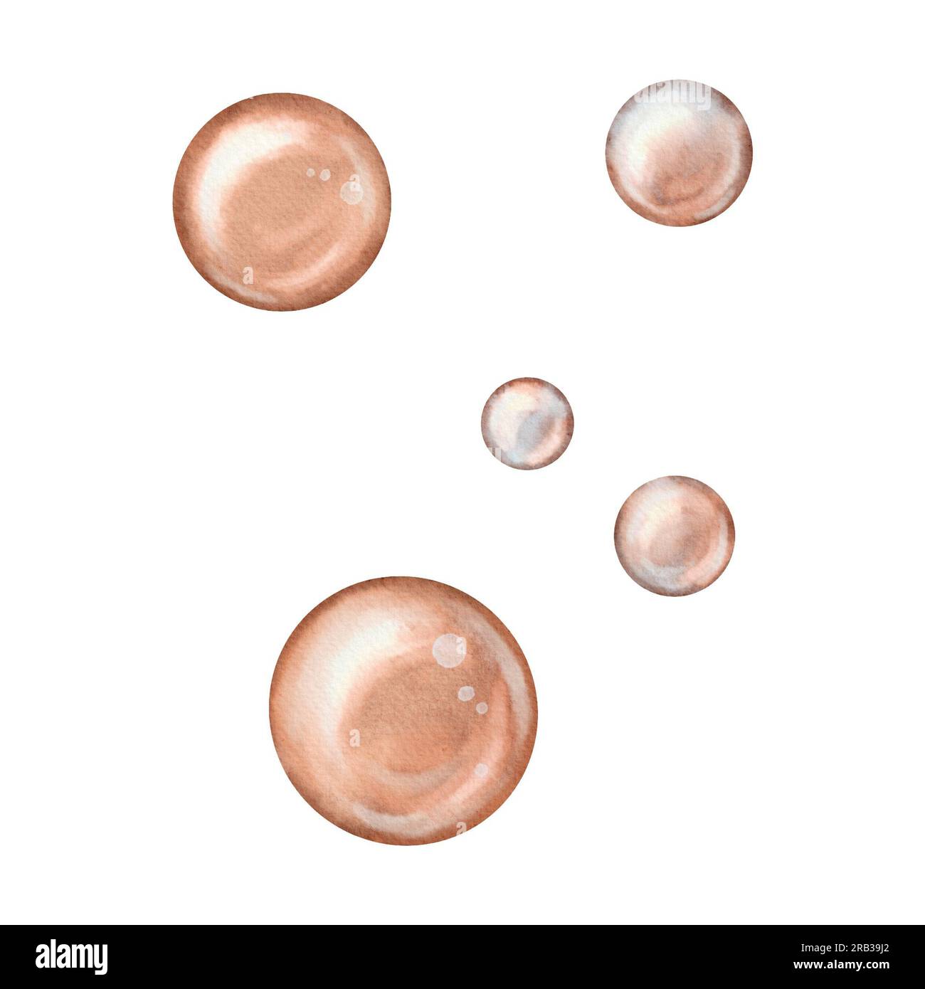 Watercolor bubbles in coral orange on isolated background. Air flying Soap bubbles. Hand drawn