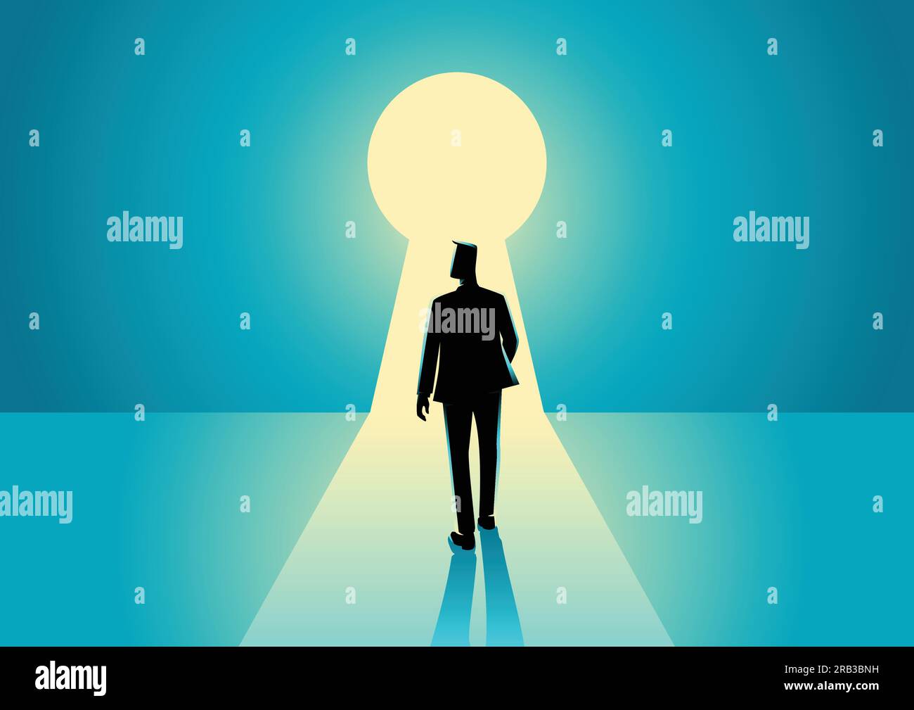 Business concept illustration of a businessman walking into keyhole