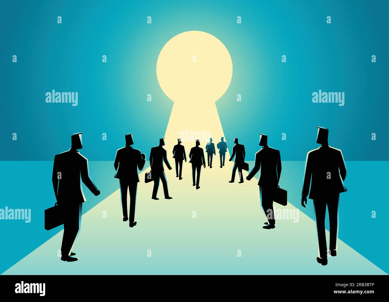 Business concept illustration of businessmen walking into keyhole with bright light Stock Vector