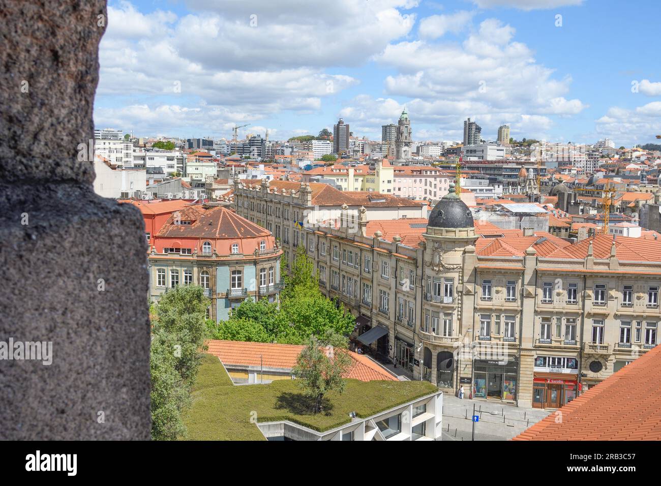 Panoramic view of Porto with stone flower boxes from the Clérigos Tower in the foreground Stock Photo