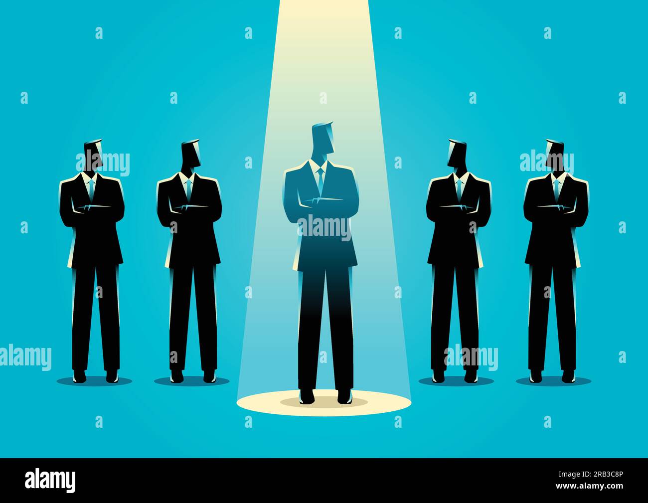 Silhouette illustration of a businessman being spotlighted among other businessmen. Stand out from the crowd, promotion, chosen, career, business conc Stock Vector