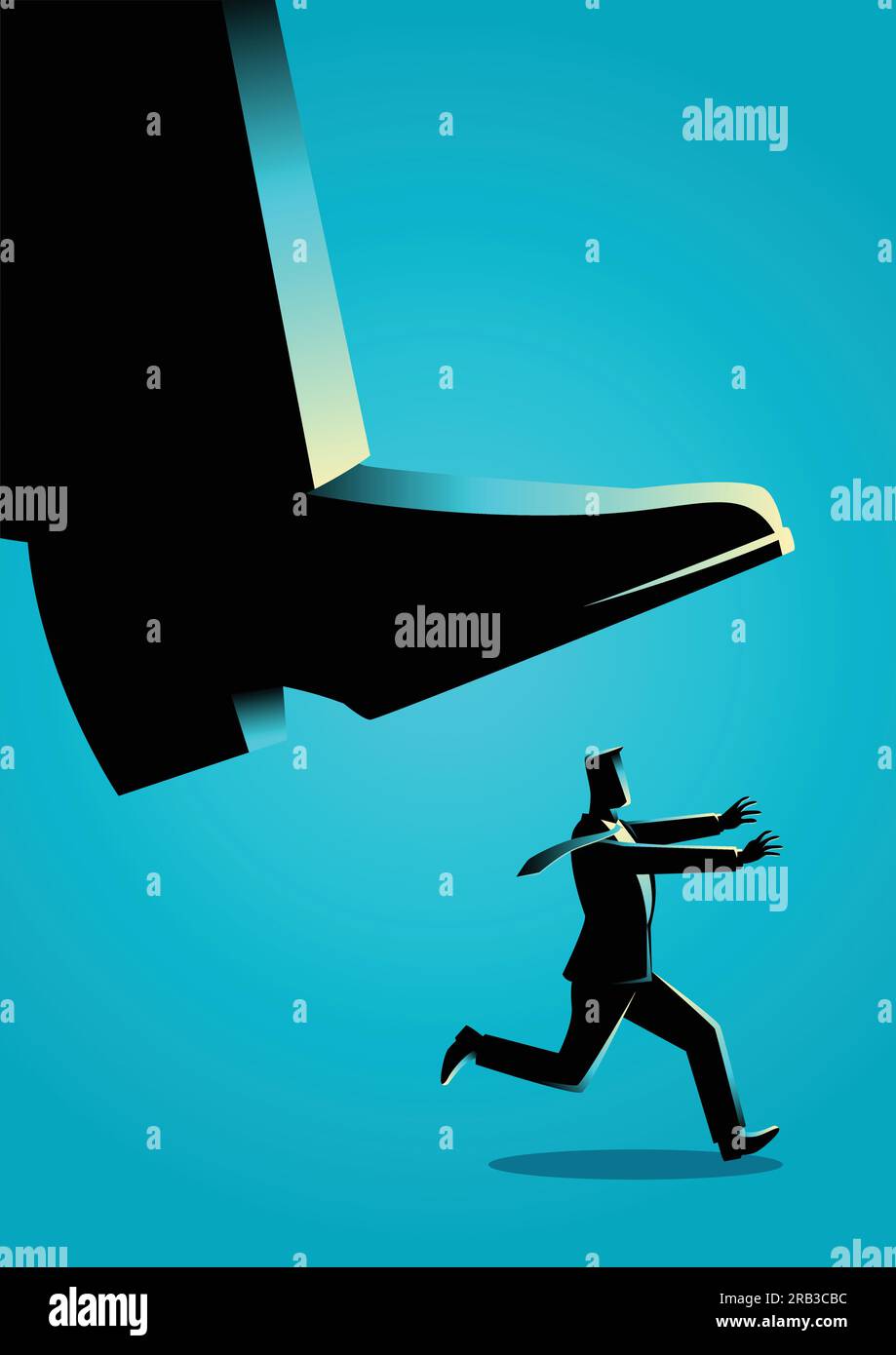 Business concept illustration of a businessman runs from giant foot
