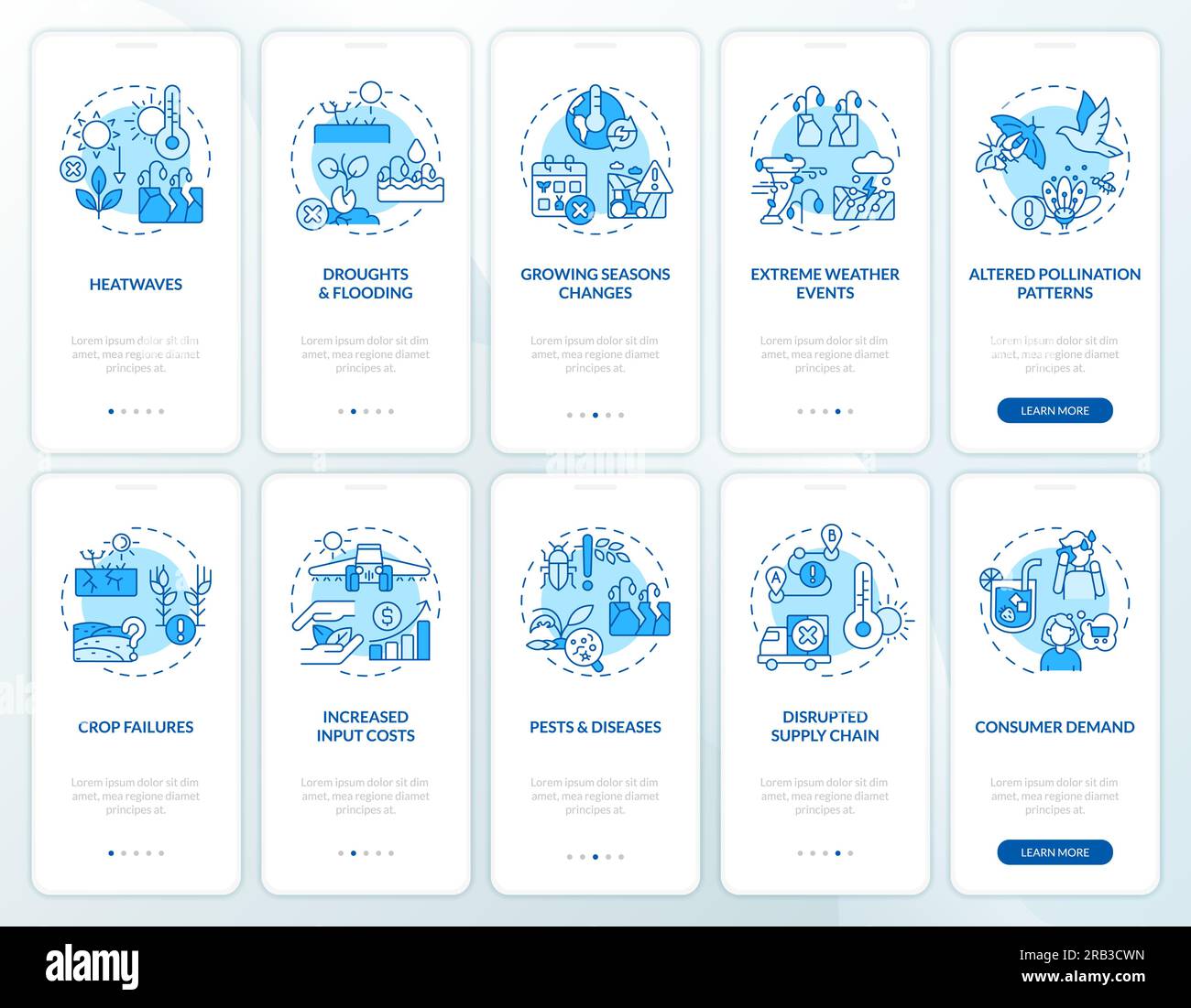 Walkthrough heatflation with linear blue icons Stock Vector