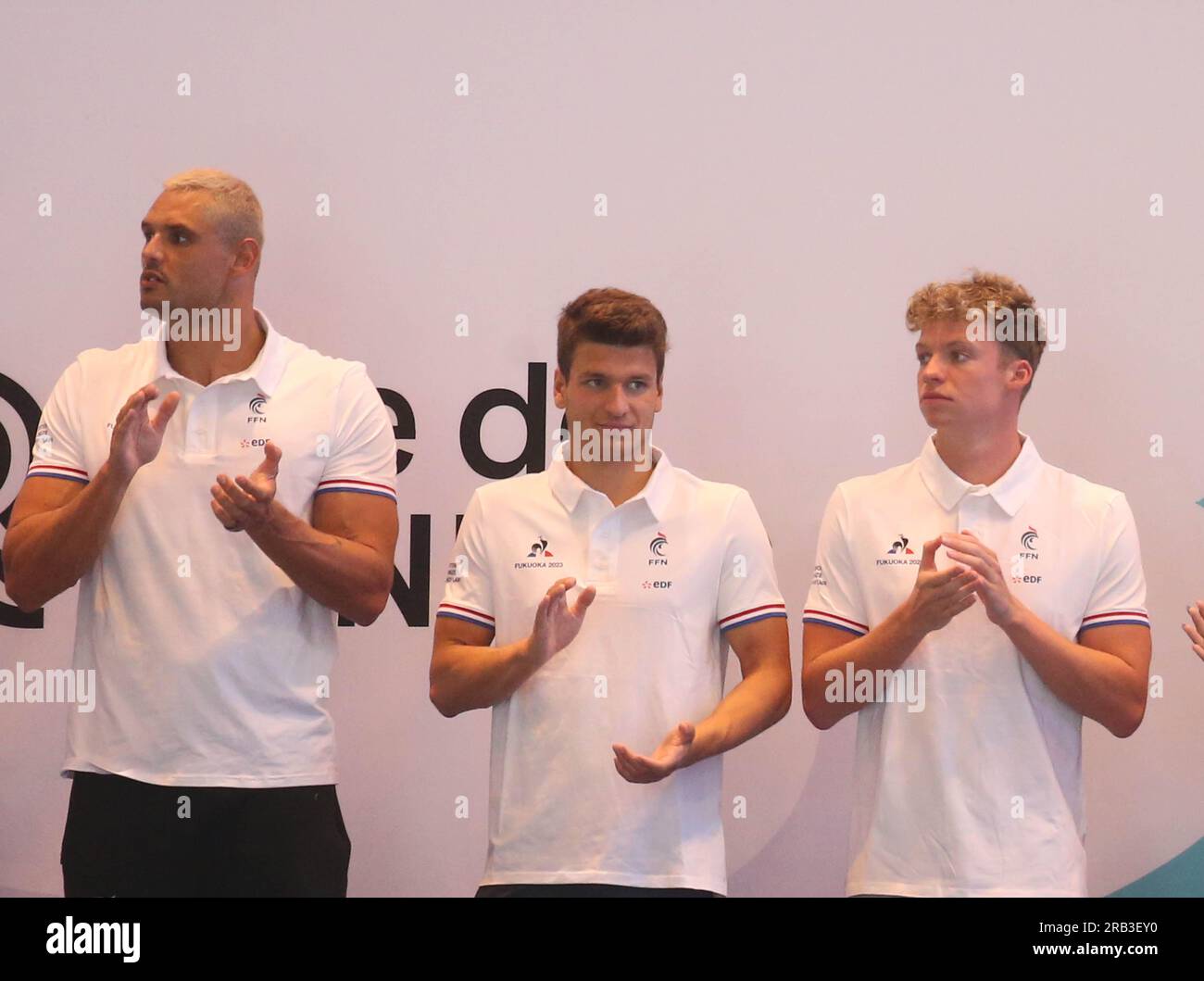 Florent MANAUDOU , Antoine MARC and Leon MARCHAND during the French