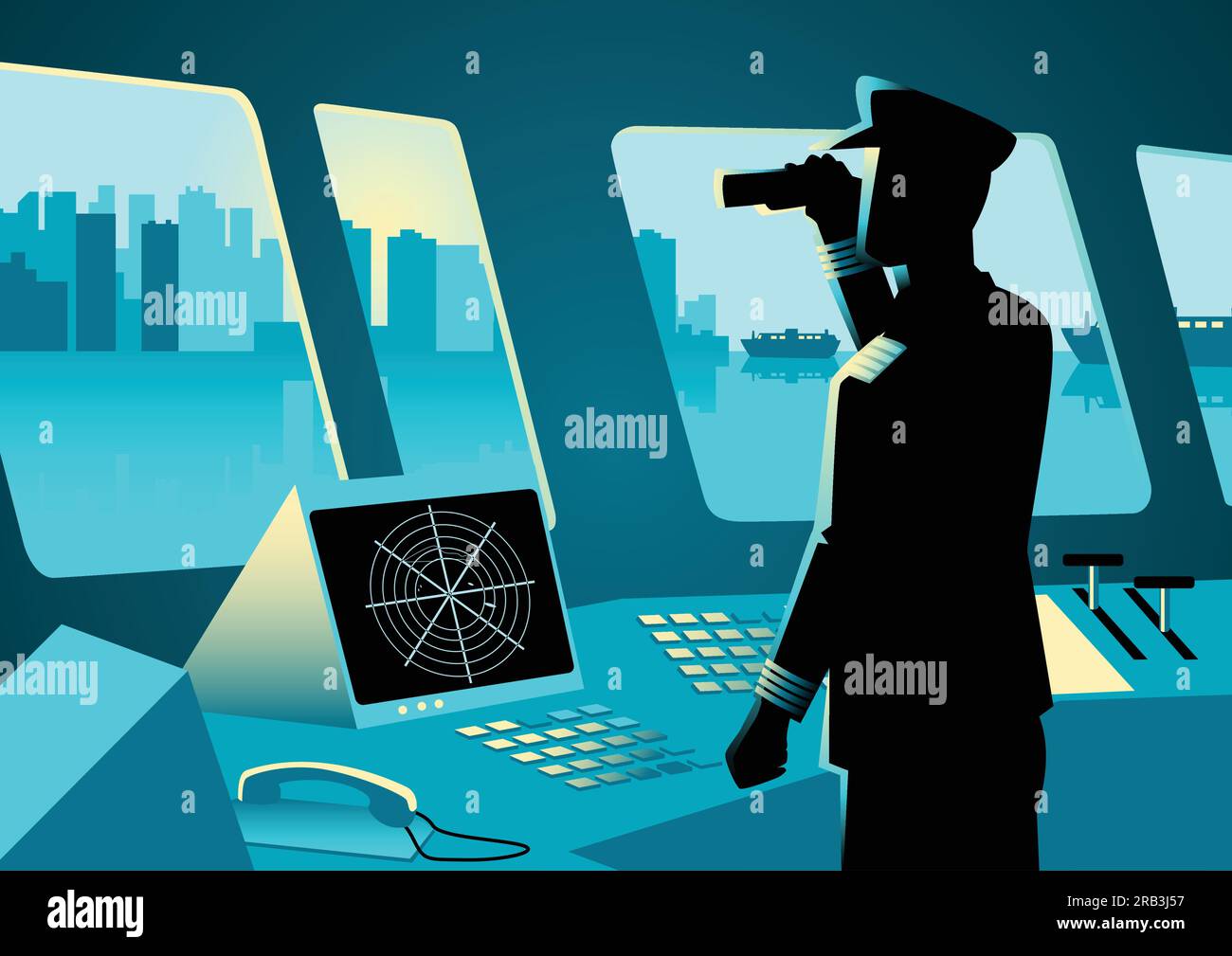 Graphic illustration of a ship captain using a binoculars in navigation room Stock Vector